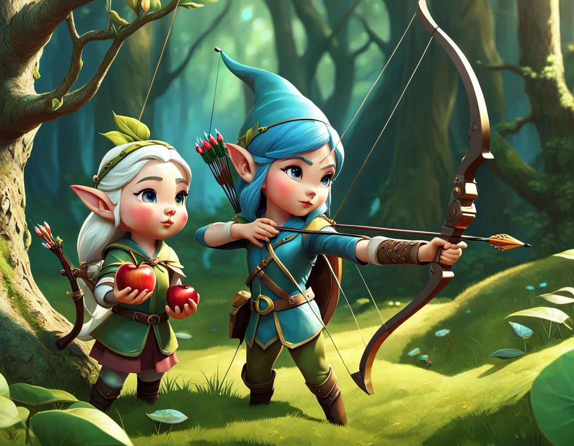 Elven Archer Aiming at Gnome: Surreal 3D Archery