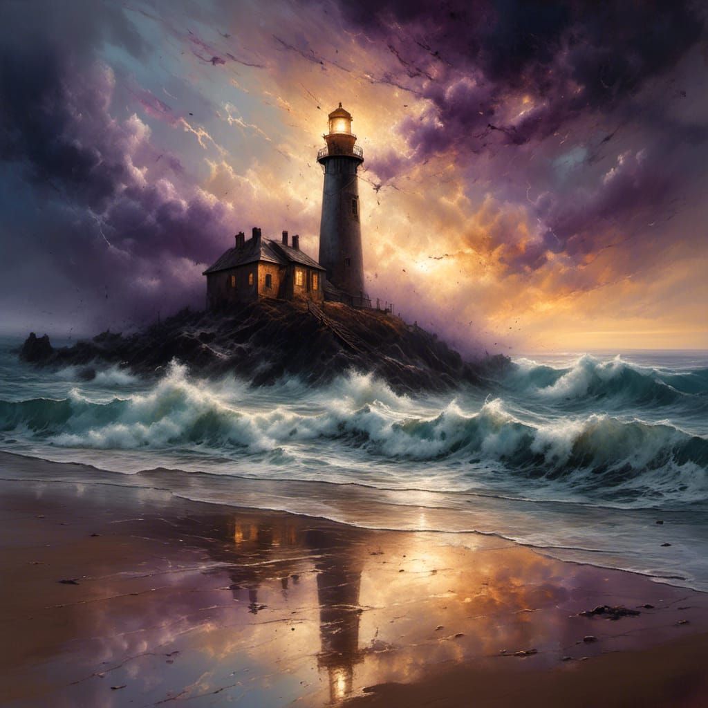 Seaside Storm at Golden Hour with Lighthouse