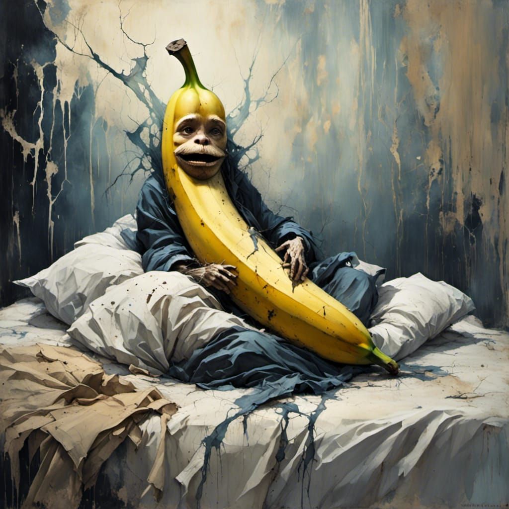 Sad Cartoon Banana in Bed: Oil Painting