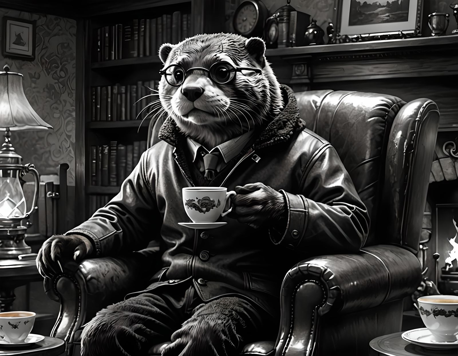 Otter Portrait with Tea in Dark Fantasy Anime Style