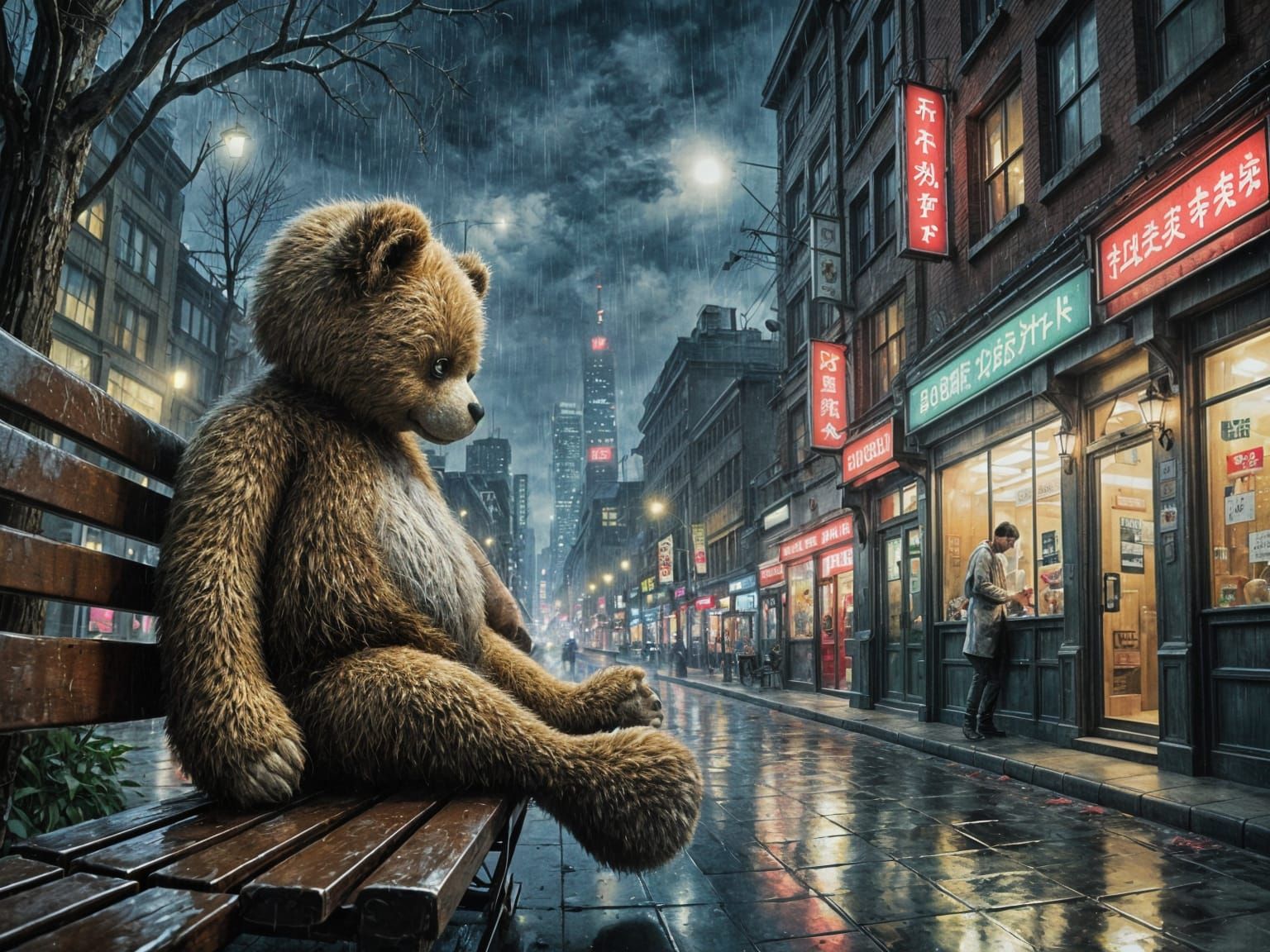 Melancholic Teddy Bear in Neon Cityscape