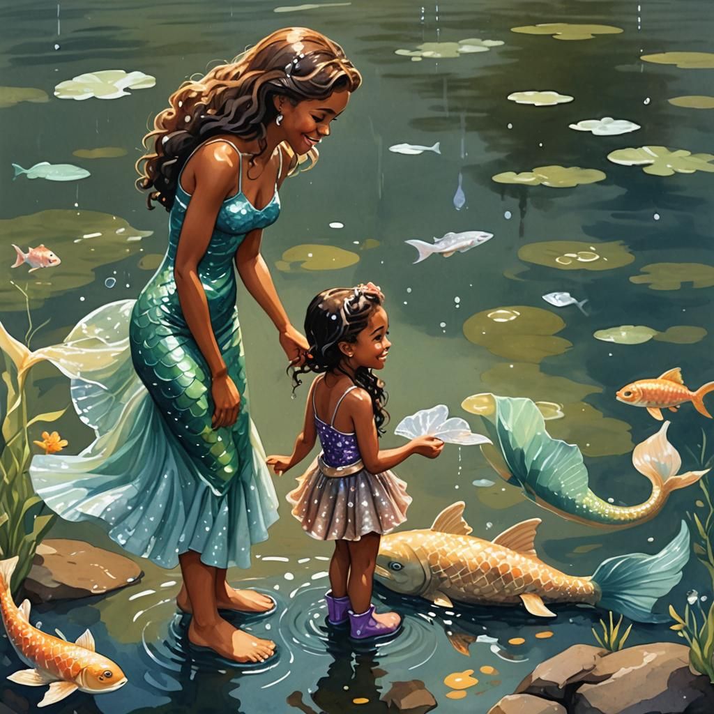 Girl Talking to a Mermaid: Gouache Painting