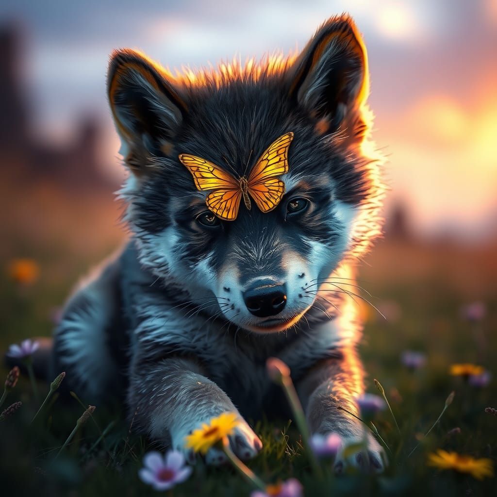 Chubby Wolf Puppy and Butterfly, Detailed Fantasy Art