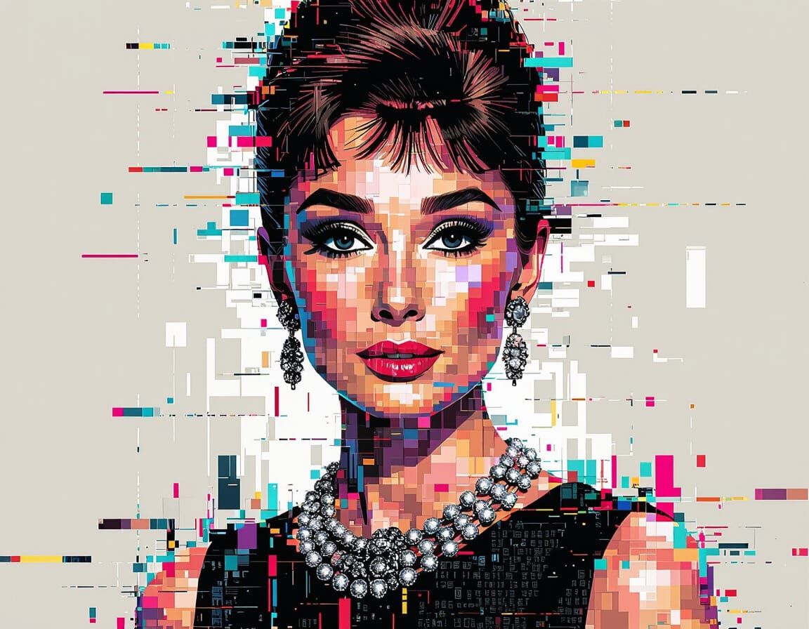 Audrey Hepburn Portrait Fragmented by Digital Glitches