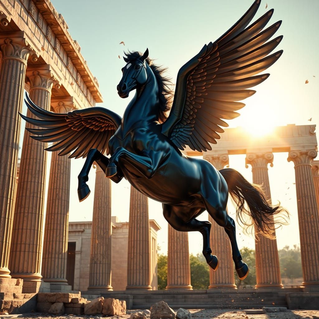 Pegasus Leaps Before Artemis Temple, in Stalenhag Style