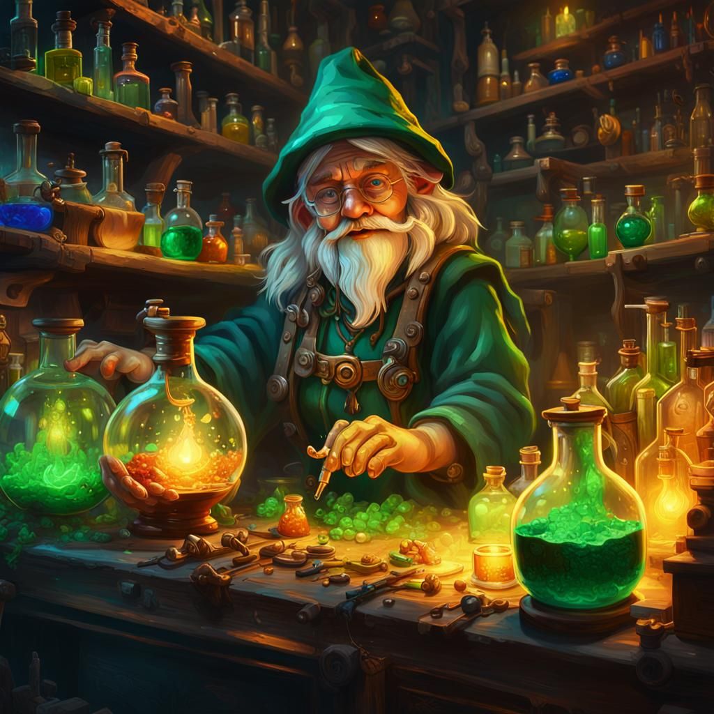 Gnome Alchemist Mixing Potions, Oil Painting