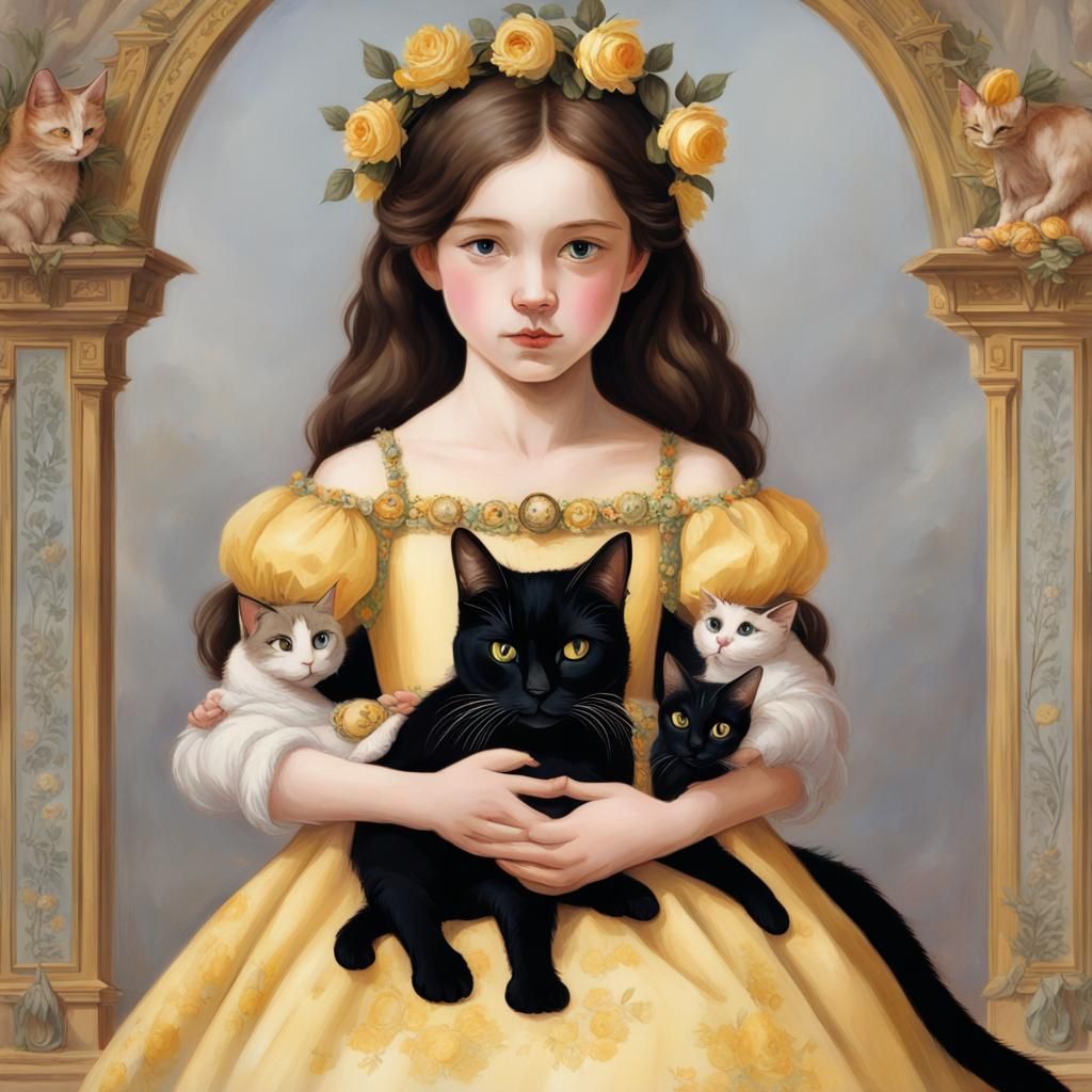 Girl in Baroque Dress with Cats, Fantasy Art