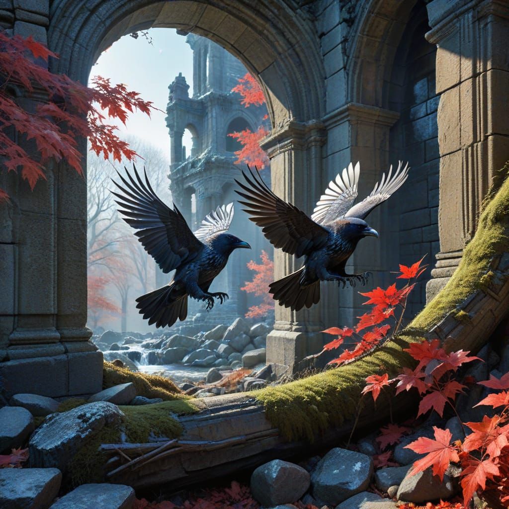 Hyperrealistic Ravens in Frosty Autumn Ruins