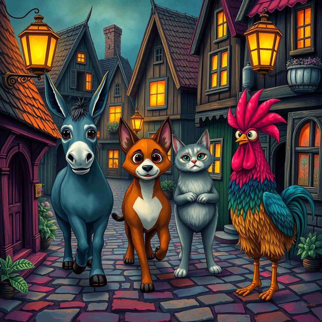 Neon Bremen Town Musicians in Abstract Style