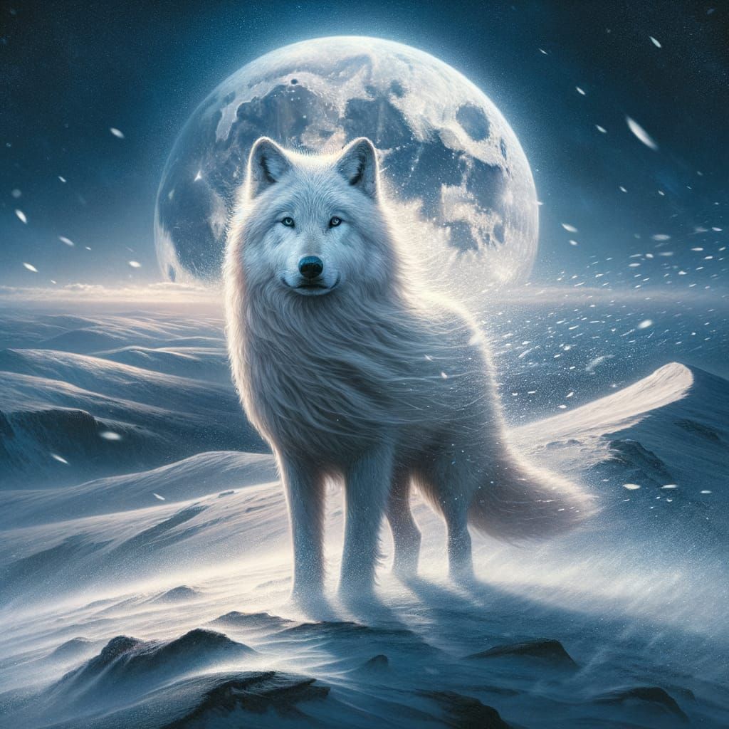 Majestic White Wolf Under Full Moon: Photorealistic Wildlife