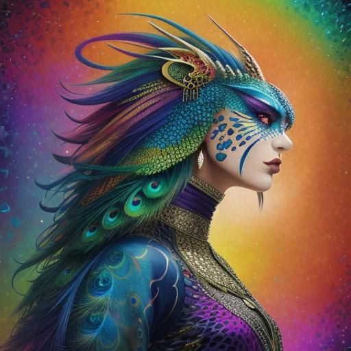 Rainbow Dragon Woman in Holographic Cosmic Style