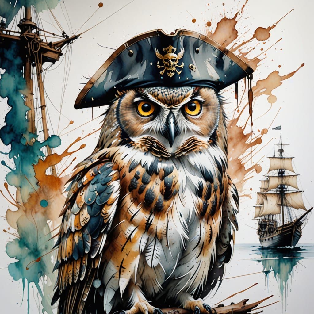 Hyperrealistic Owl Pirate in Watercolour Style