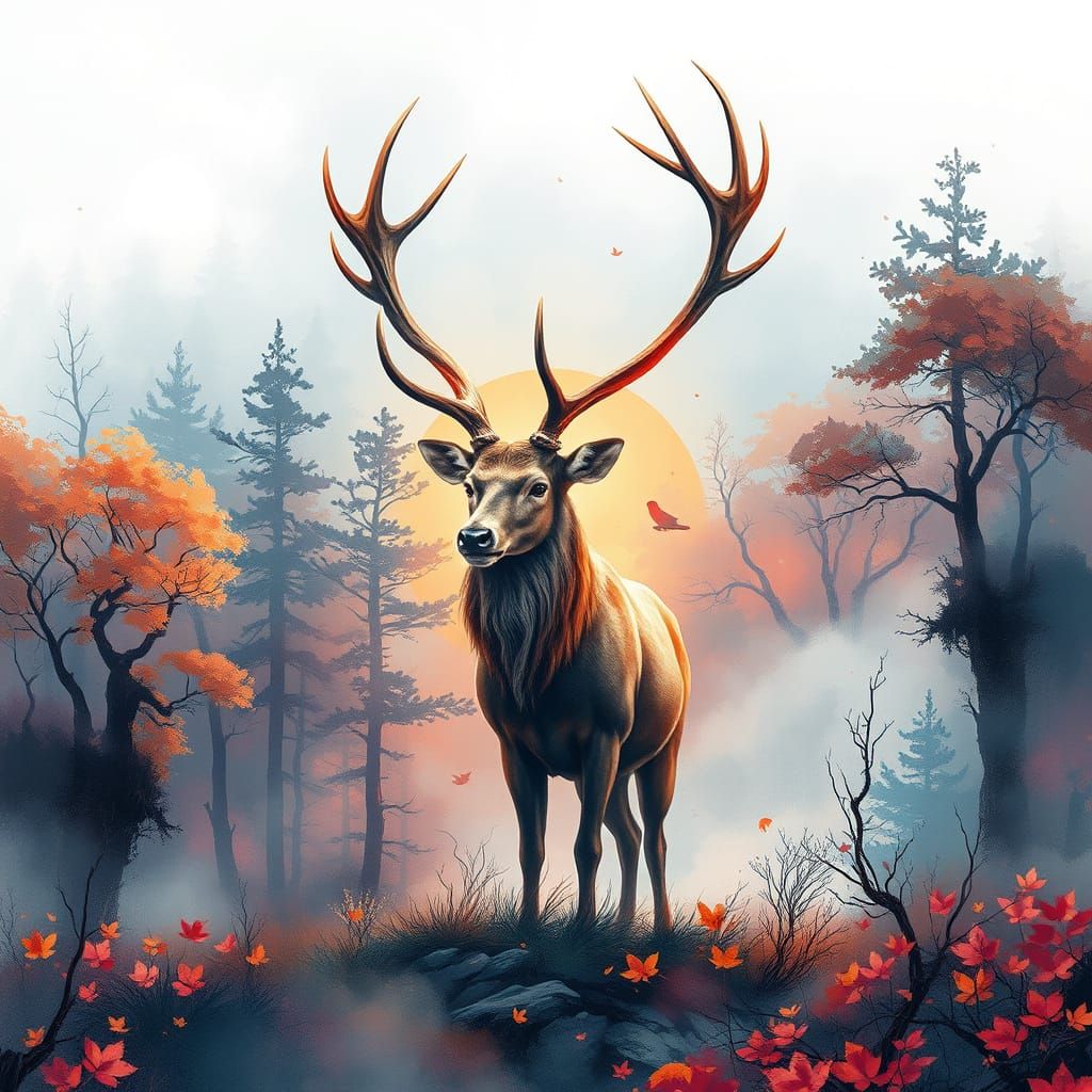 Ethereal Stag in Autumn Woodland: Whimsical Pastel Art