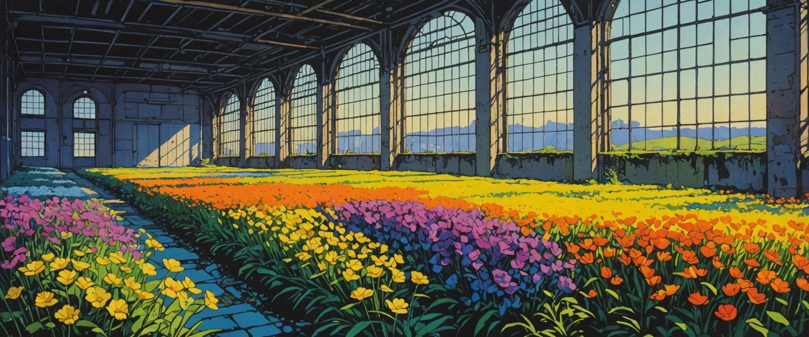 Vibrant Flowers Bloom in Abandoned Industrial Setting, Comic...