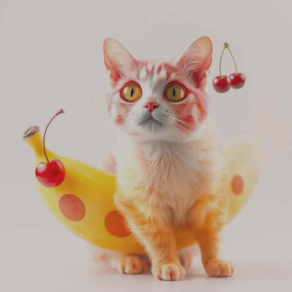 Double Exposure Cat in Whimsical Cherry and Banana Fusion