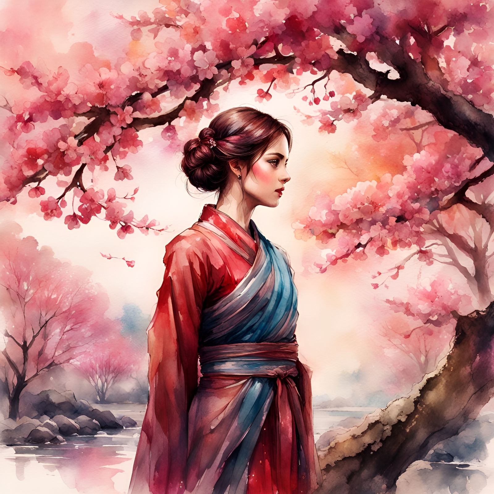 Watercolor Painting of Woman in Cherry Blossoms