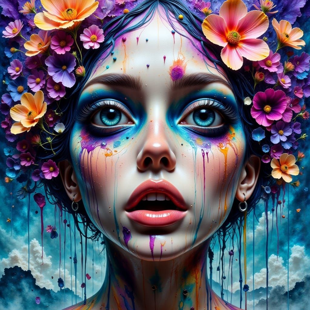 Surreal Portrait With Exaggerated Eyes And Abstract Flowers