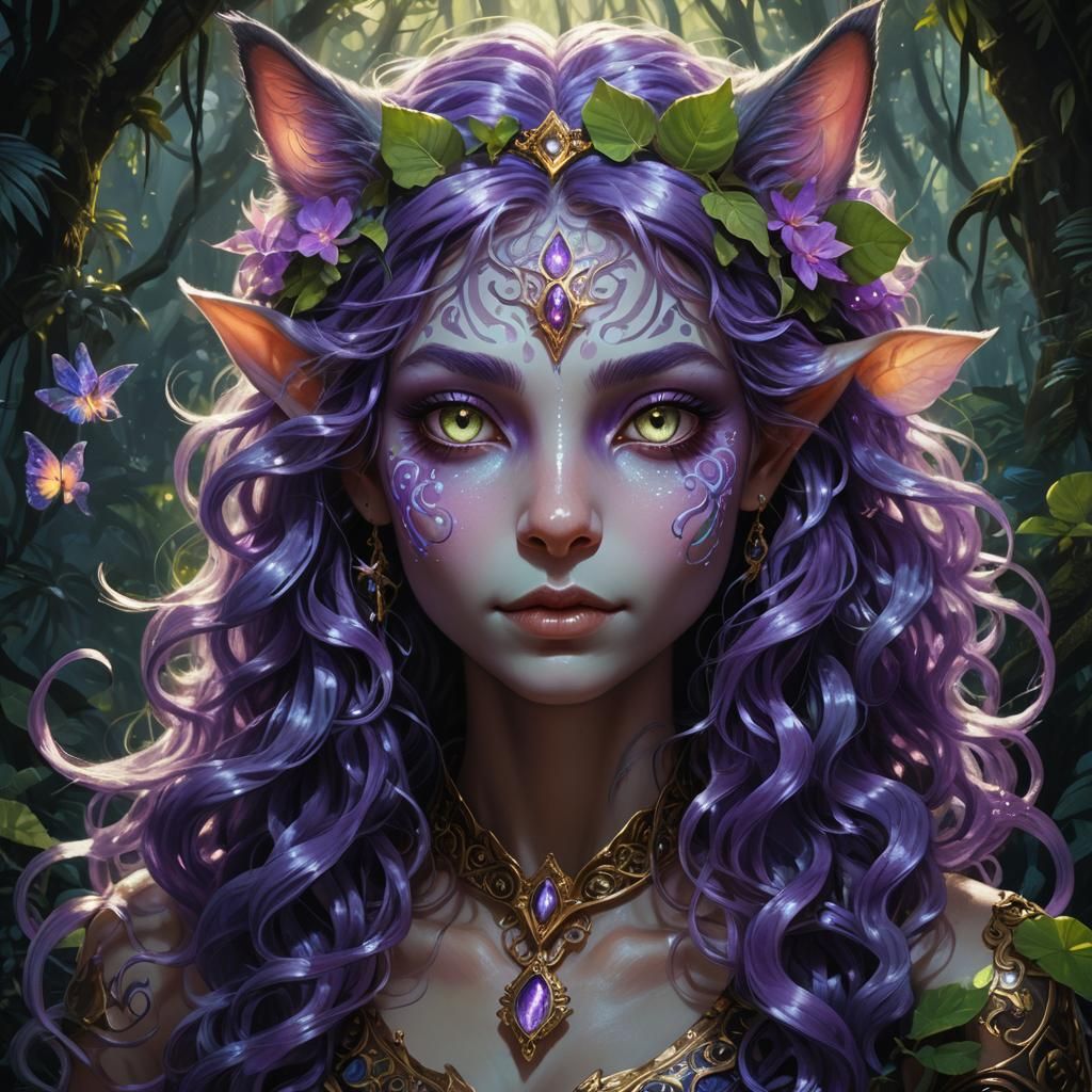 Fantasy Cat Elf Portrait with Bioluminescent Details