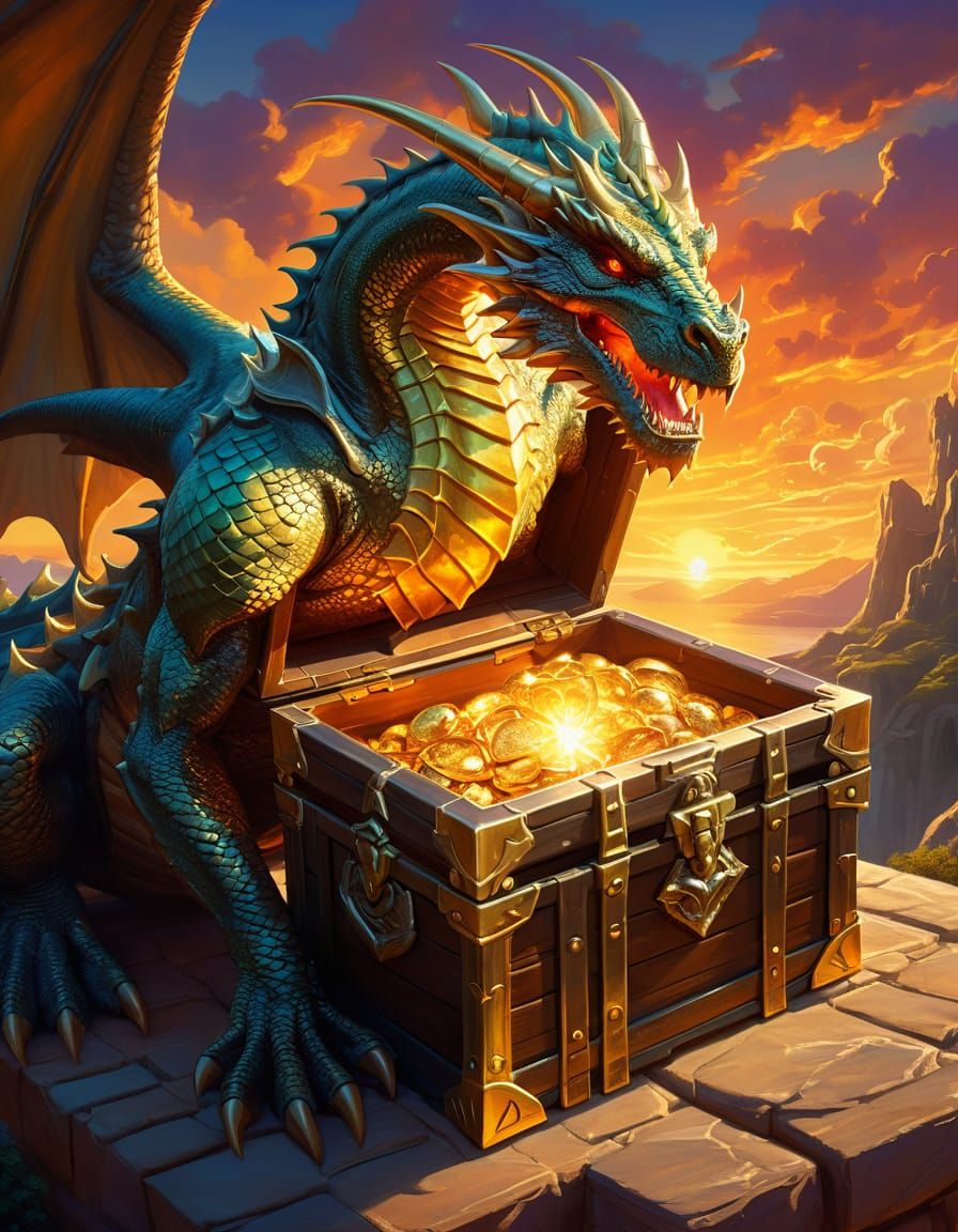 Majestic Dragon Guarding Magical Treasure Chest
