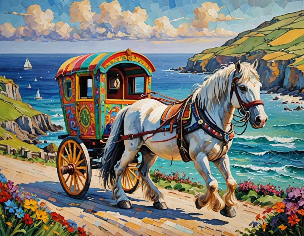 Gypsy Horse Caravan Overlooking Cornish Ocean in Expressioni...