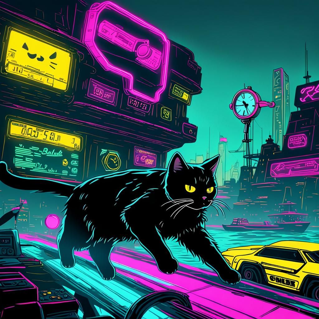 Cat Pirate Stealing Clock in Cyberpunk Style