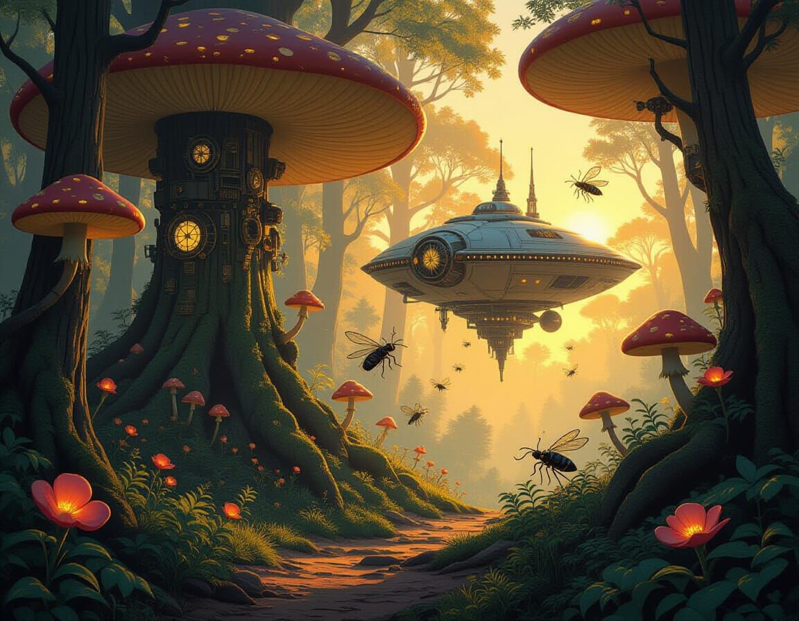 Whimsical Forest with Mechanical Insects and Hidden Starship