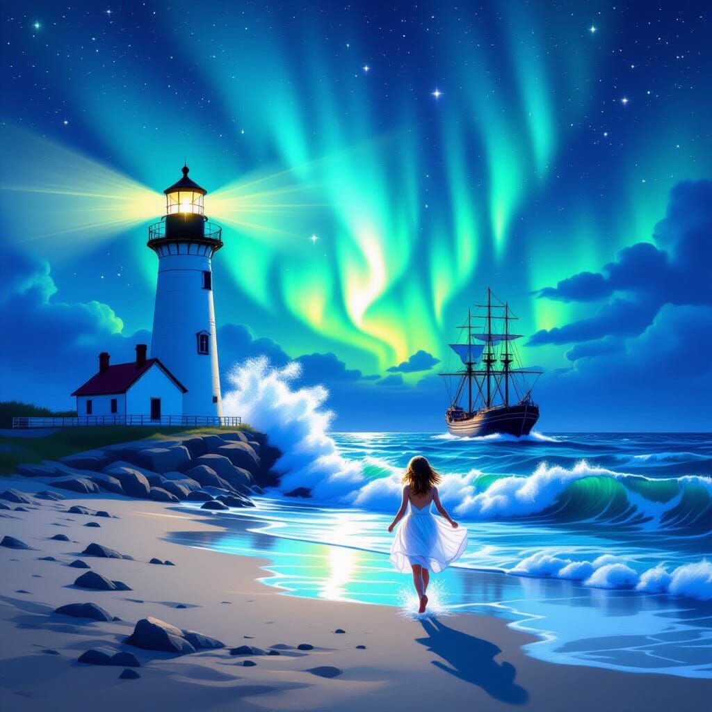 Lighthouse Beam on Beach with Northern Lights and Ship