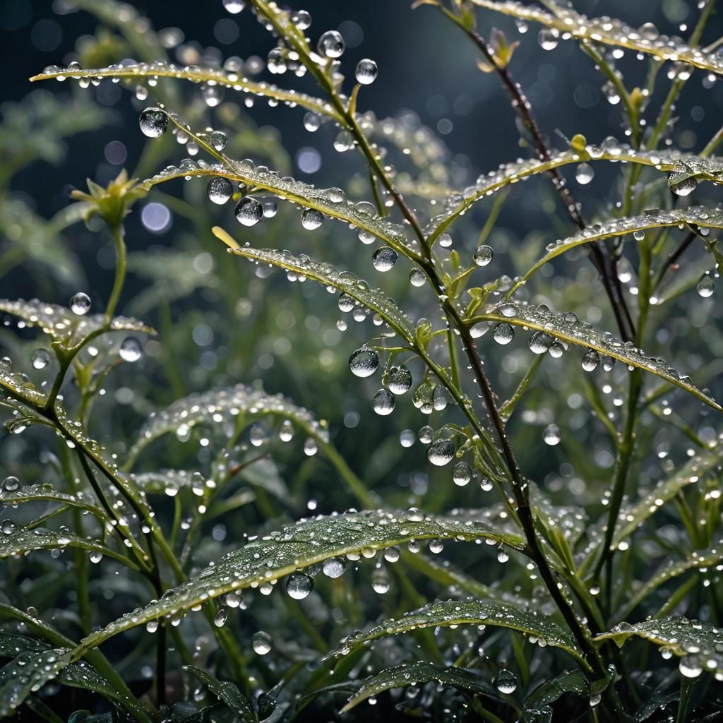 At night, shimmering dew drops ...