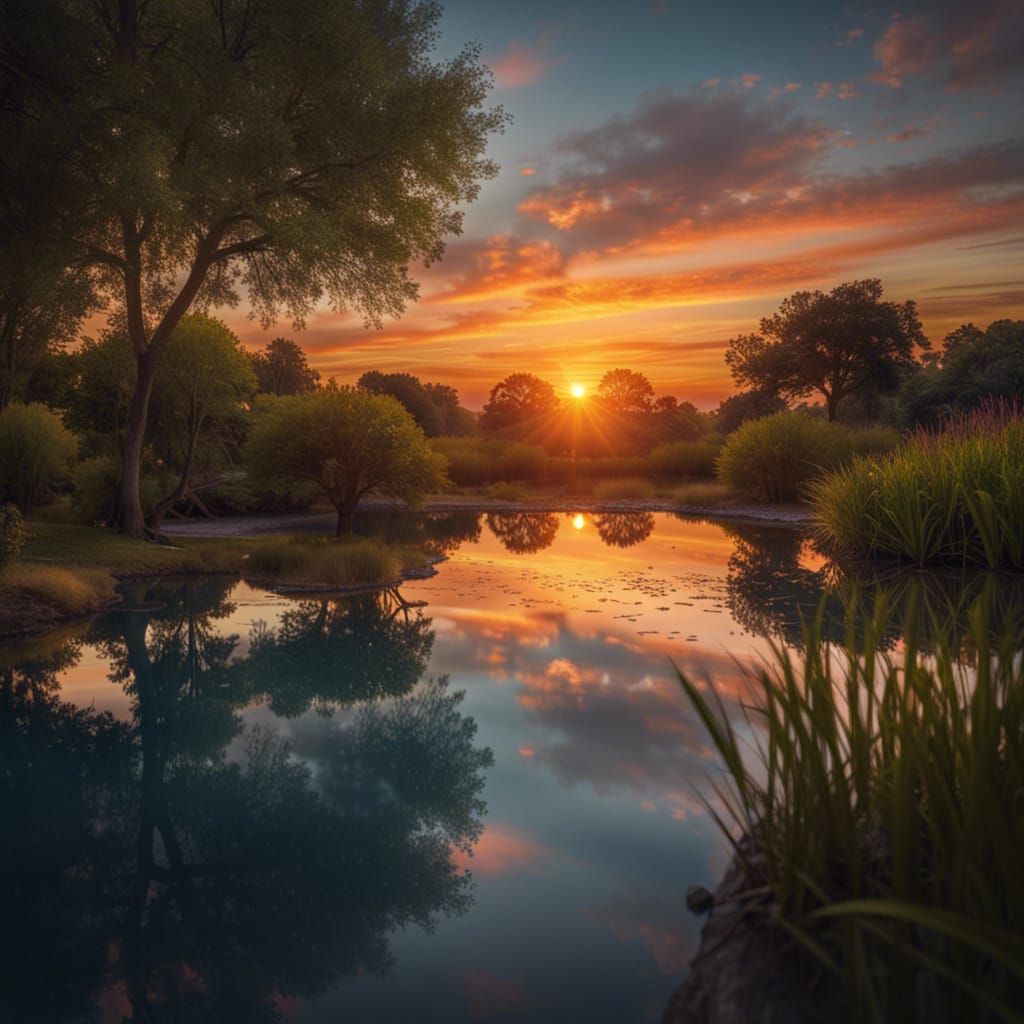 Pastel Sunset Over Pond: Photorealistic Nature Photography