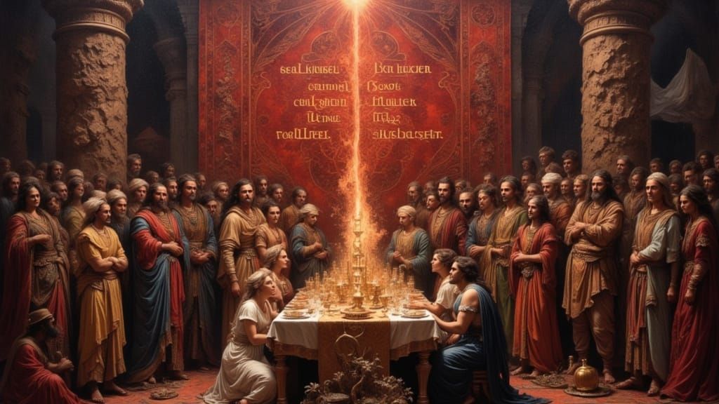 Belshazzar's Feast Oil Painting with Ethereal Writing