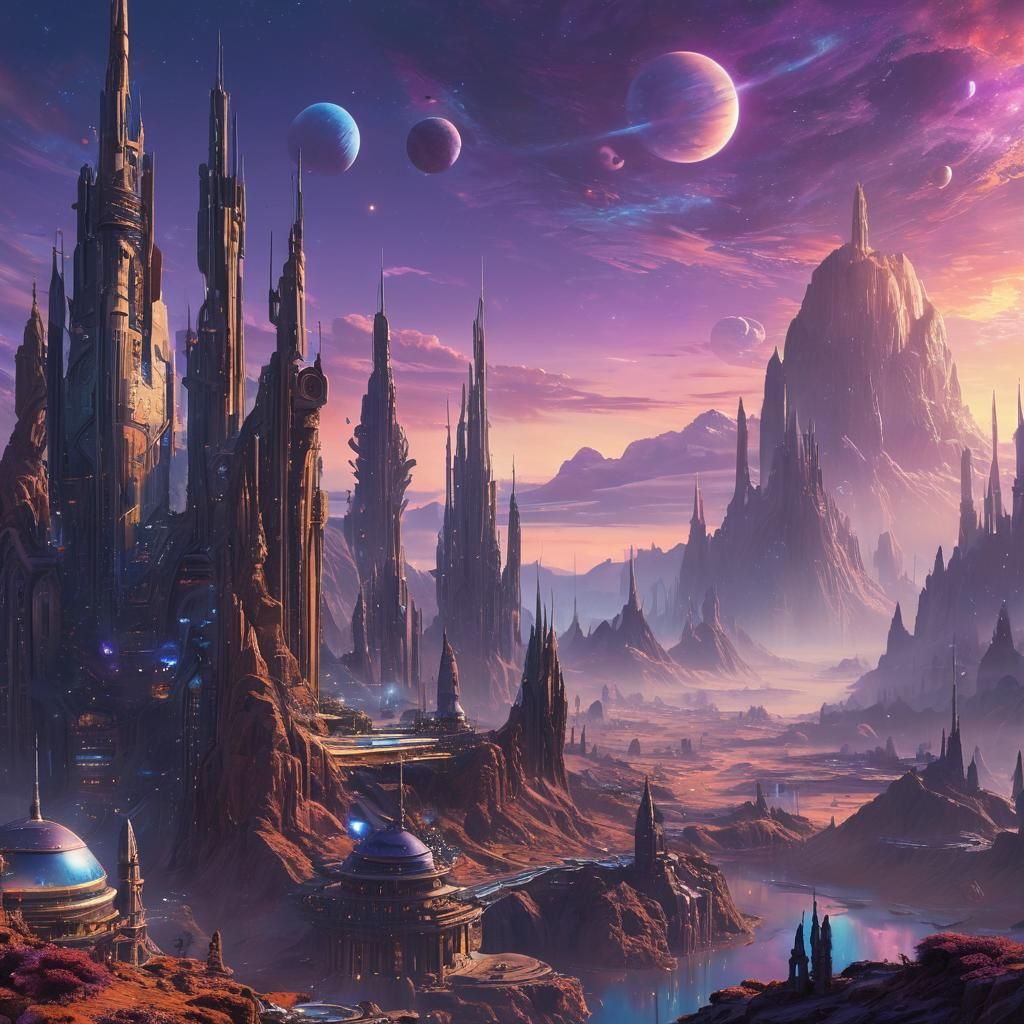 Alien City with Spires and Domes in Oil Painting