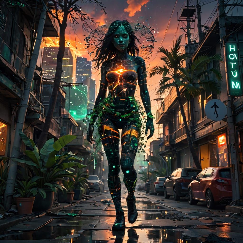 Surreal Sunset Silhouette in Cyberpunk Twilight