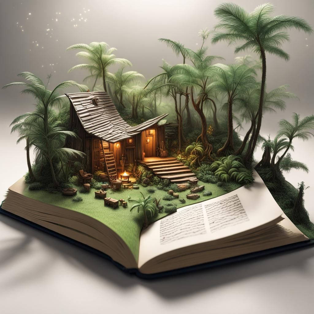 Miniature rainforest coming out of an open book, line art vi...