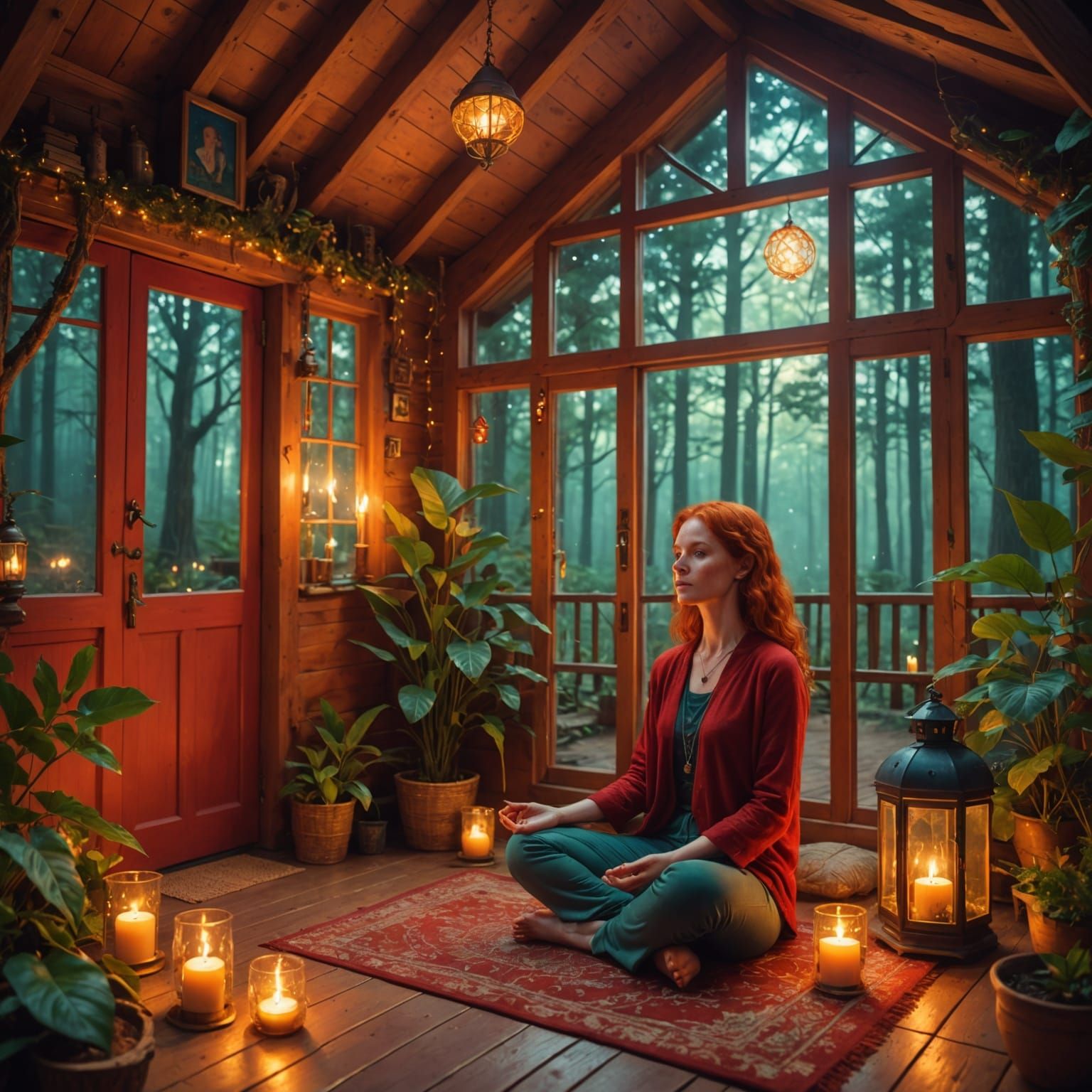 Redhead Woman Meditating in Forest House