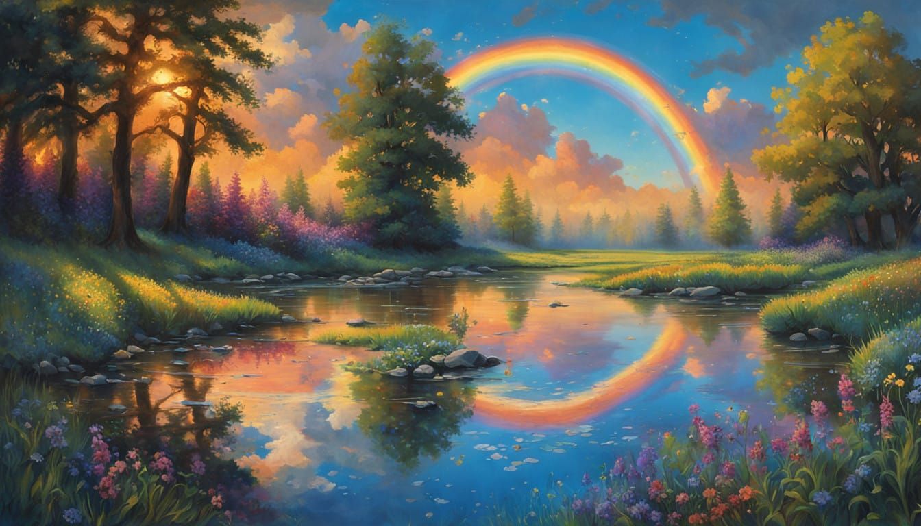 Vibrant Double Rainbow Sways Above a Blooming Meadow
