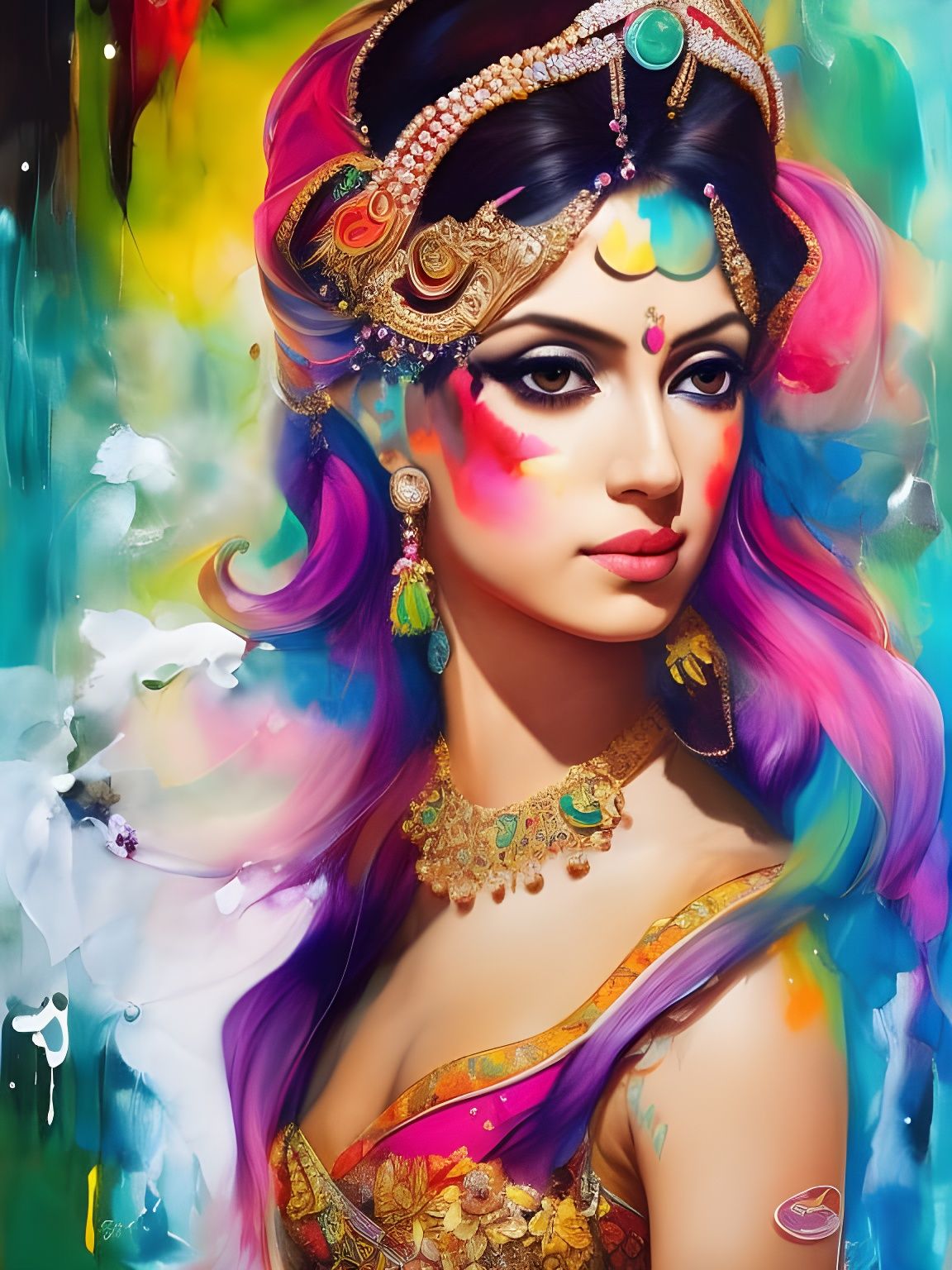 Colorful Princess Portrait in Melting Oil Gouache Style