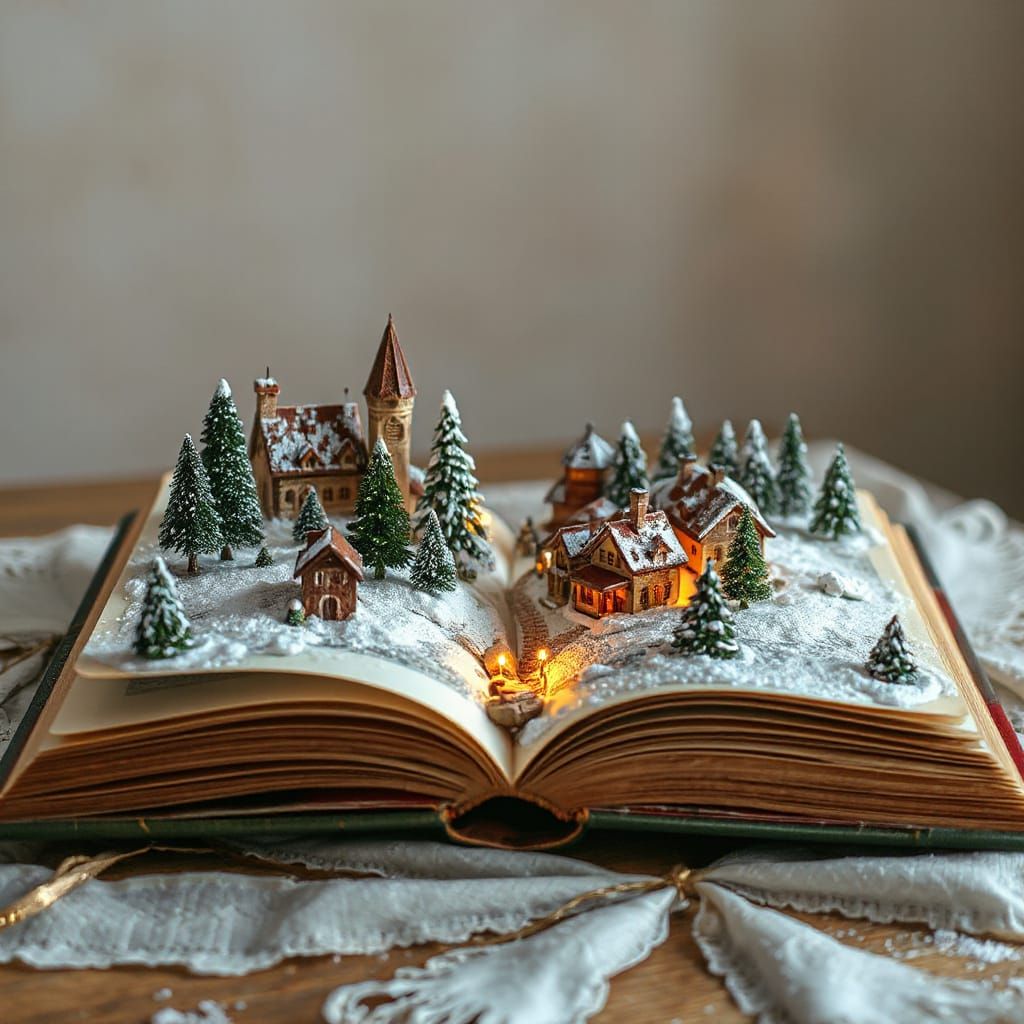 Miniature Medieval Village Rising from Antique Book