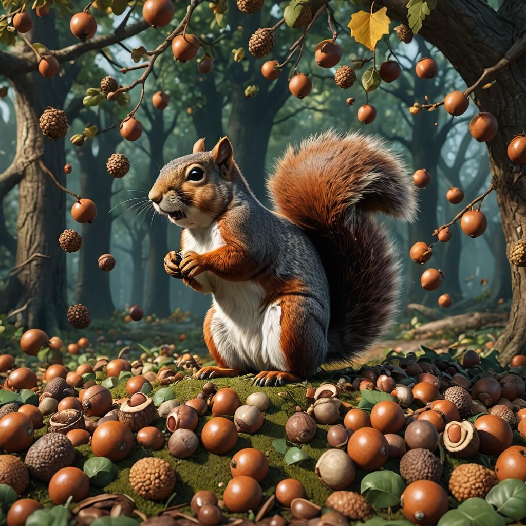 Squirrel with Acorns: Detailed Matte Painting