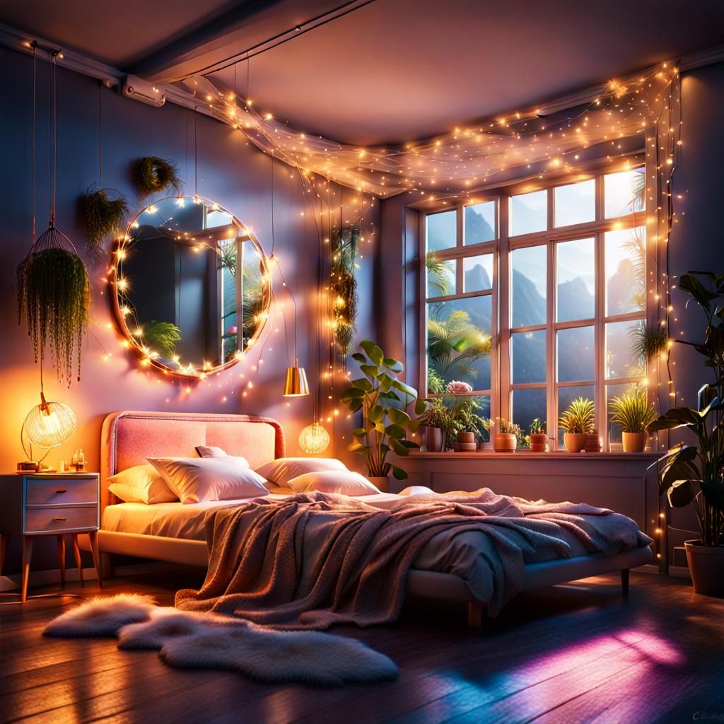 Dreamy Girl's Room with Sunlight and Sparkling Lights