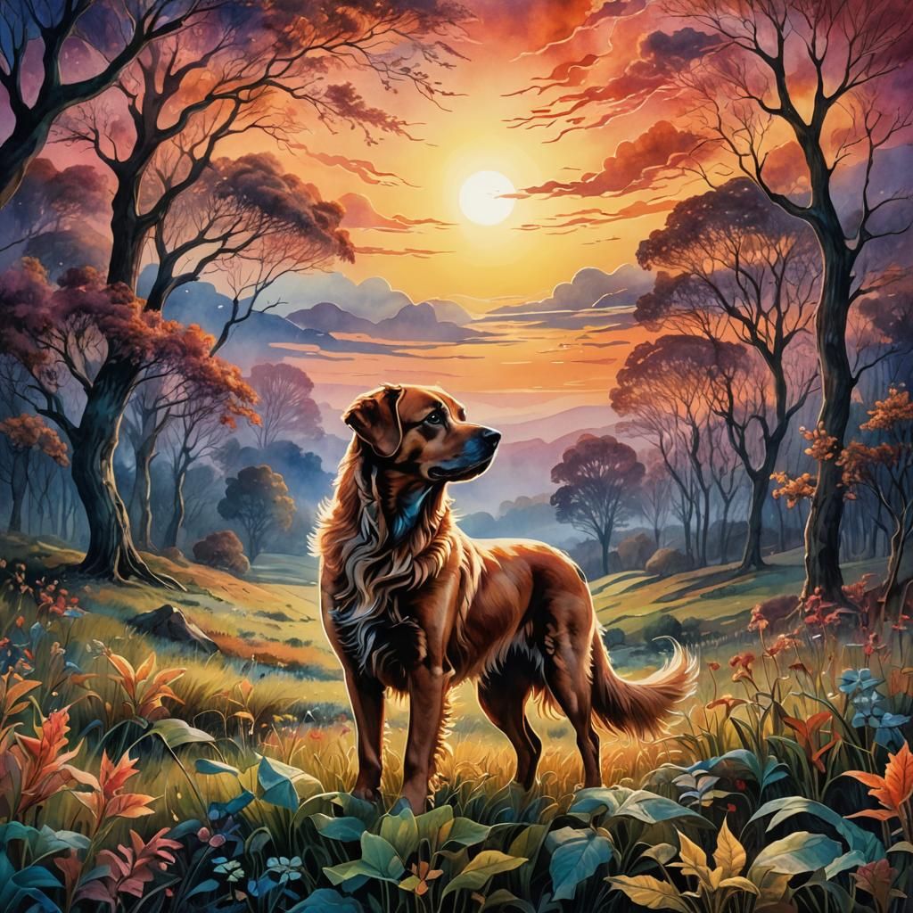 Ethereal Dog Illustration at Sunset in Watercolor Style