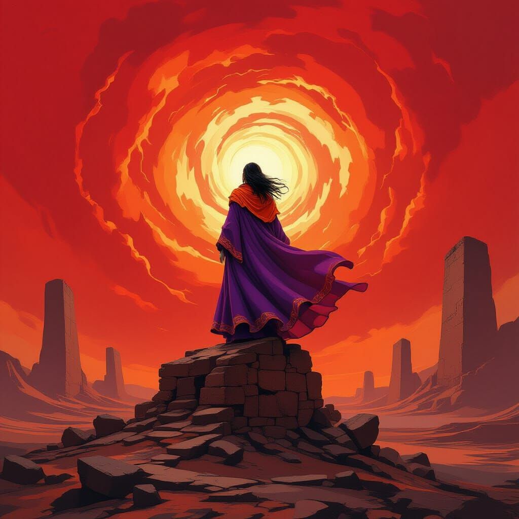 Sorceress on Ruin in Spectral Wind, Neo-Impressionist Style