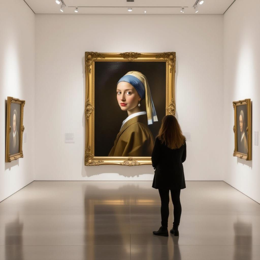 Person Contemplates Own Hyperrealistic Portrait in Gallery