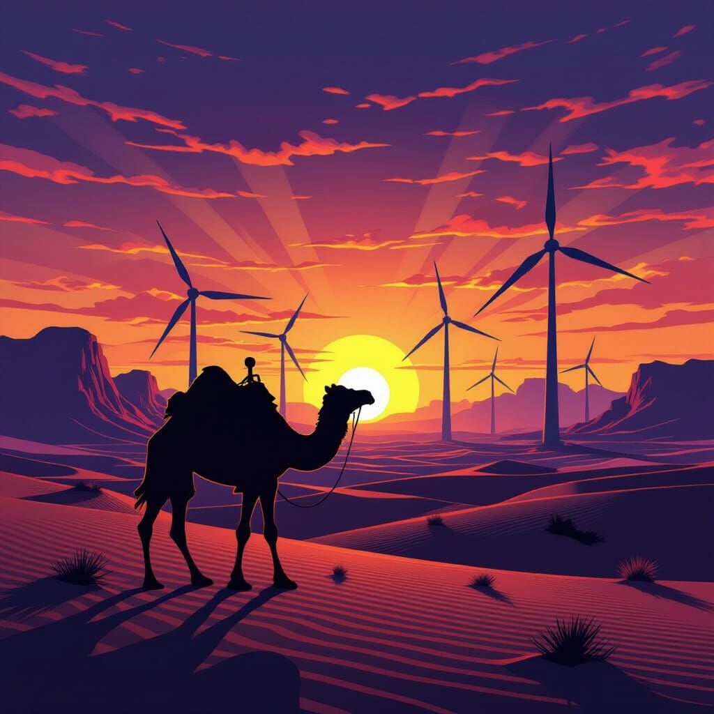 Camel Silhouette in Industrial Desert Sunset