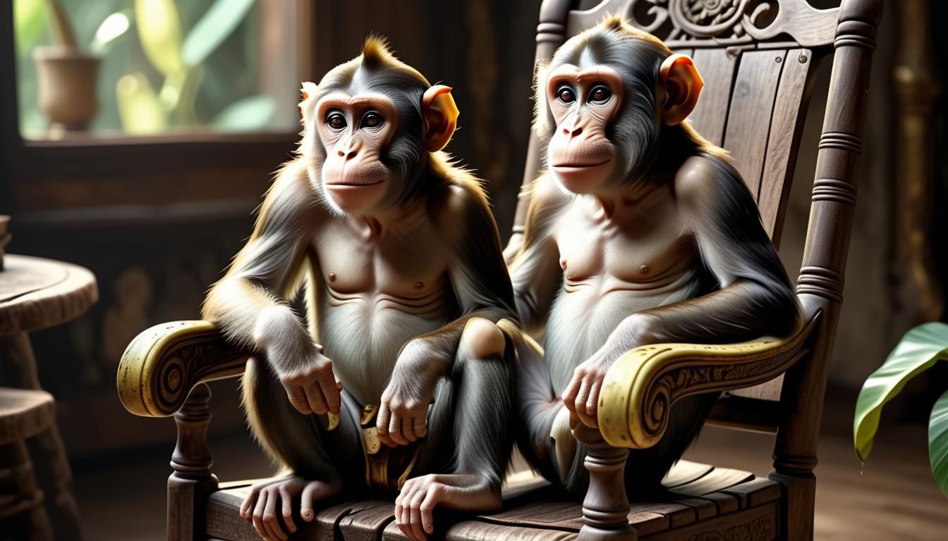 Cyborg Monkey Relaxing in Antique Rocking Chair