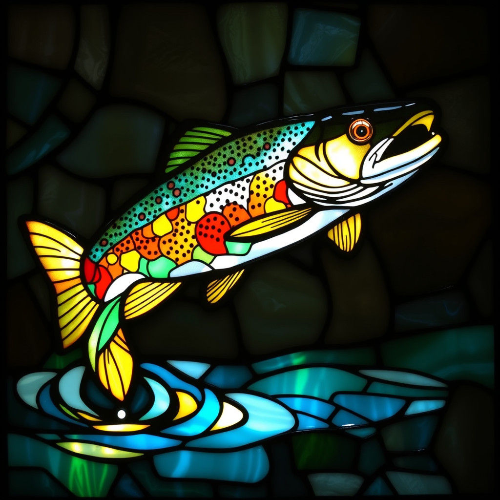 Stained Glass Trout Leaping From Water