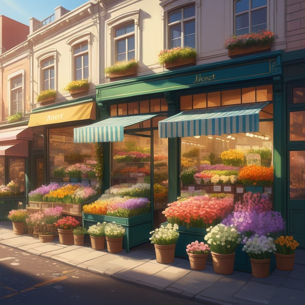 Detailed Cityscape with Flower Shop Under Sunny Spring Skies