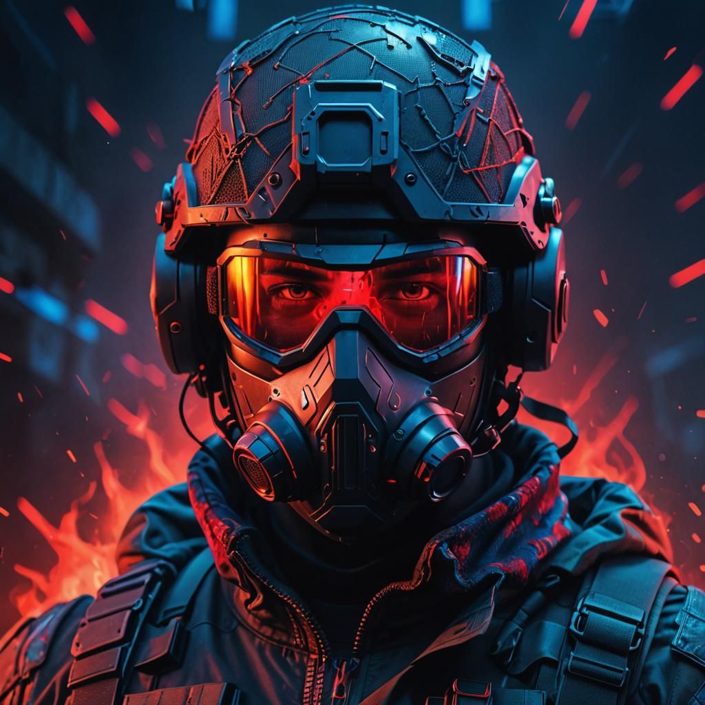 Futuristic Soldier Portrait with Glowing Runes