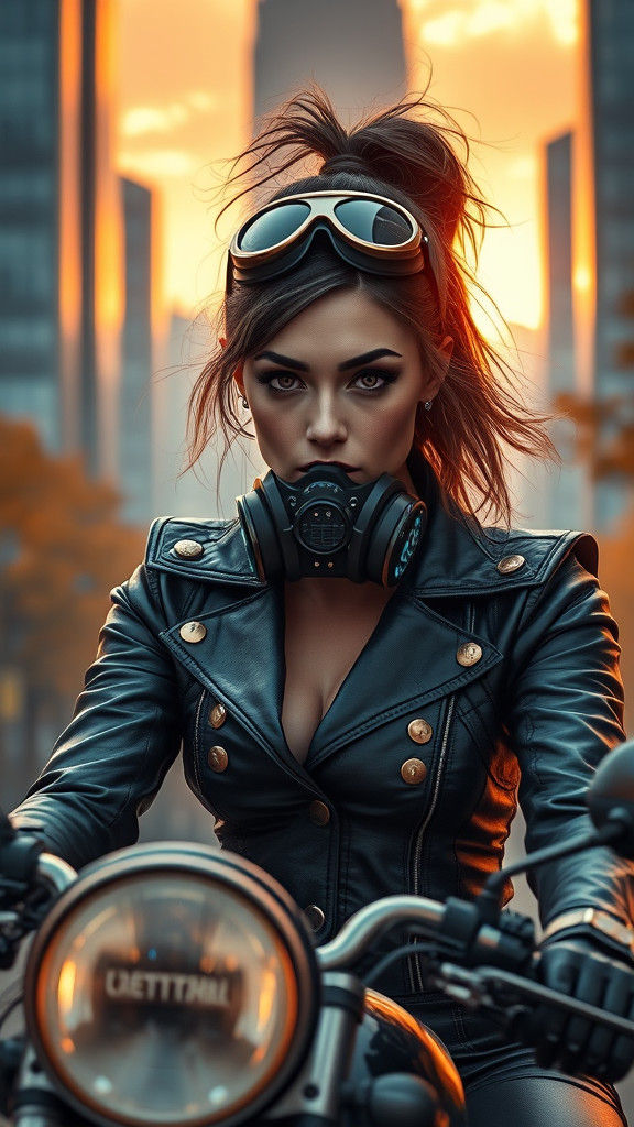 Steampunk Biker Rides Through Cyberpunk Cityscape