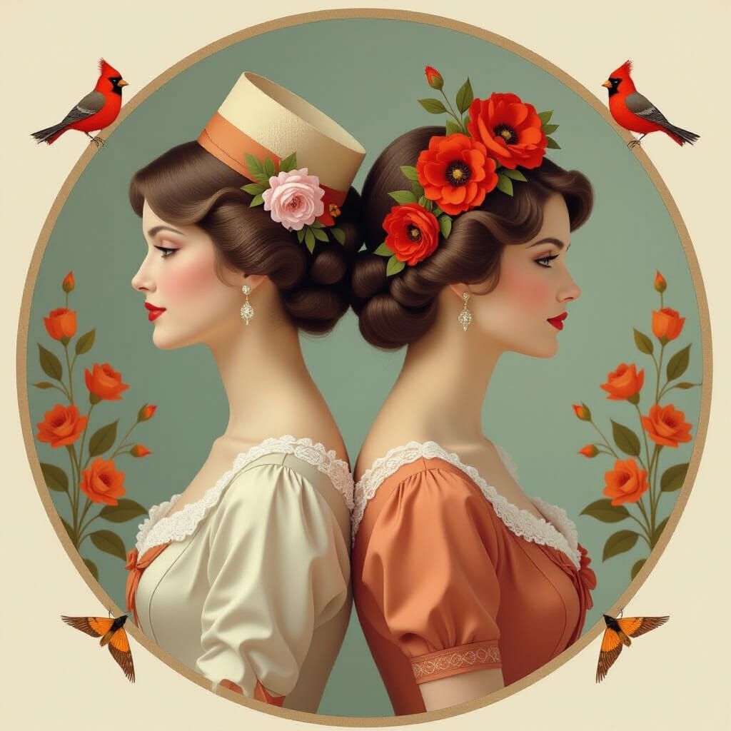 Elegant Women Back-to-Back: Art Nouveau Style