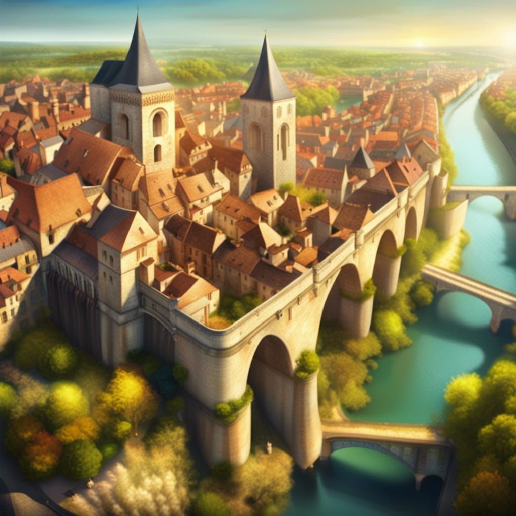 Sunny Medieval French City with Giant Architecture
